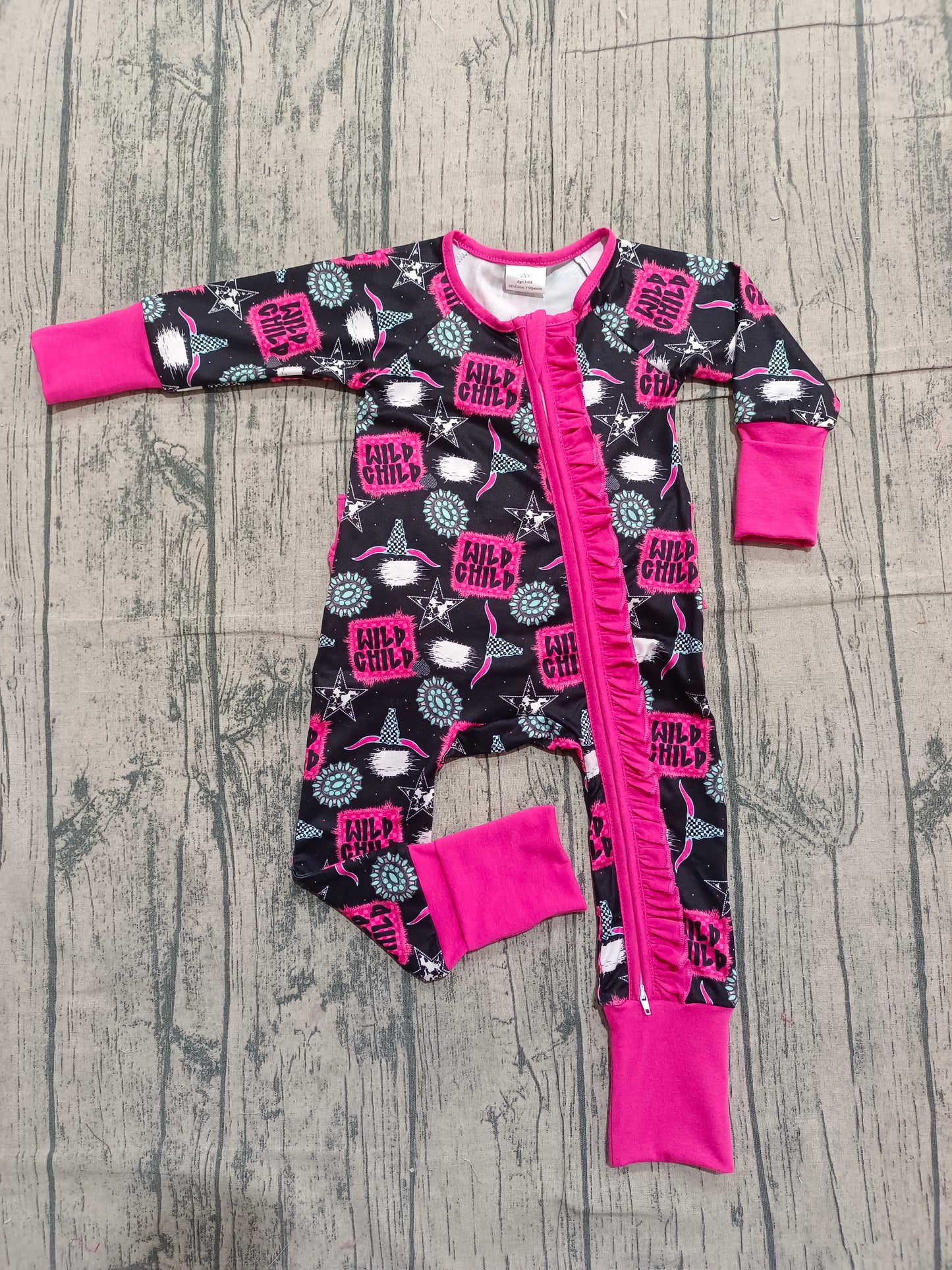 ( No moq ) Preorder Baby Girls Long Sleeves Western Cow Print Ruffle Zipper Sleeper Romper