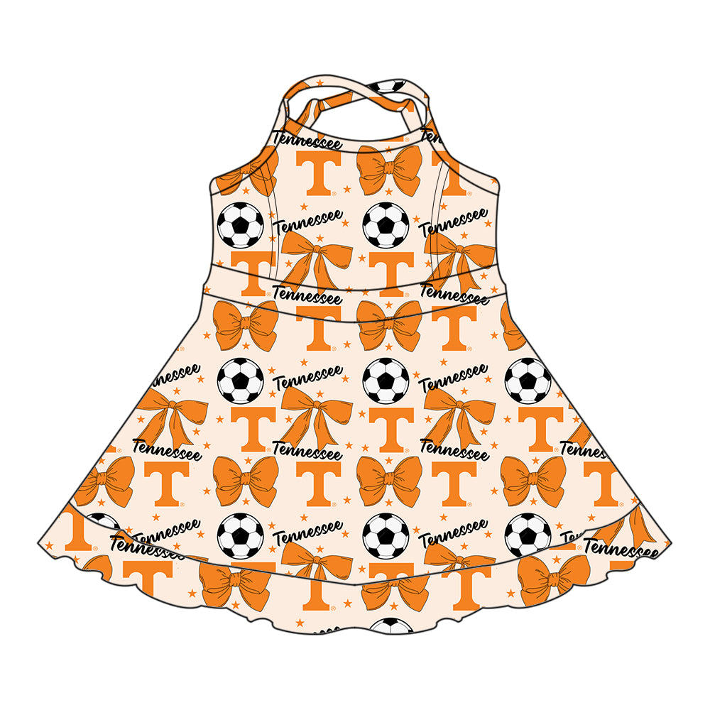 ( Moq 5 each style ) Baby Girl Toddler T Team Orange Bows Soccer‌ Sibling Shirt Dress Set