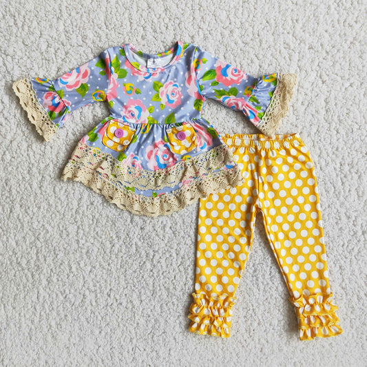 Promotion 6 A17-12 Baby Girl Floral Pocket Ruffle Tunic Yellow Dots Pants Flower Sets