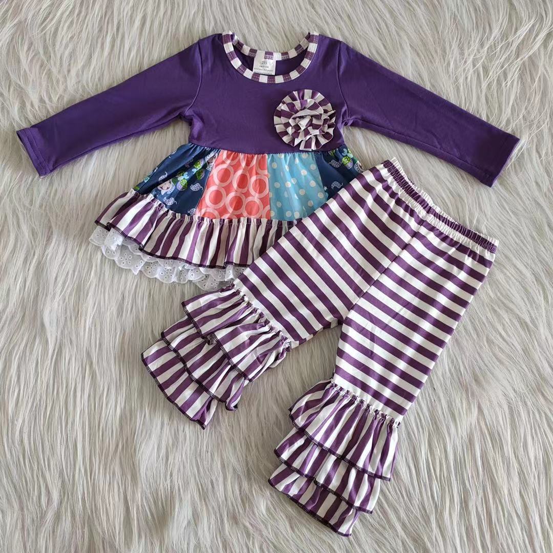 Promotion 6 A22-27 Baby Girl Long Sleeves Ruffle Tunic Purple Stripes Pants Set