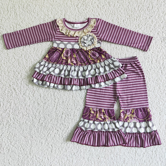 Promotion 6 A31-28 Baby Girl Long Sleeves Purple Floral Striped Pants Outfit