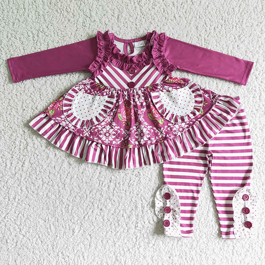 Promotion 6 B8-21 Purple Floral Pocket Baby Girl Stripe Pants Set