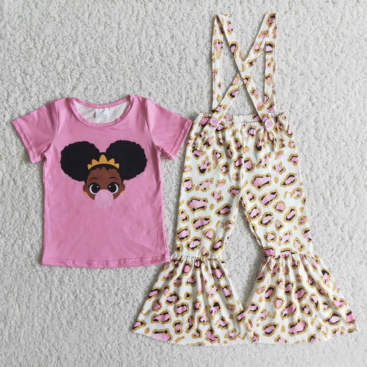 Promotion D5-29 Baby Kids Short Sleeves Black Girl Shirt Leopard Jumpsuit Overalls Set