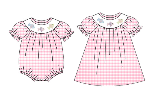 ( Moq 5 Each Style ) Sibling Baby Girls Kids Short Sleeves Fish Pink Plaid Romper Dress
