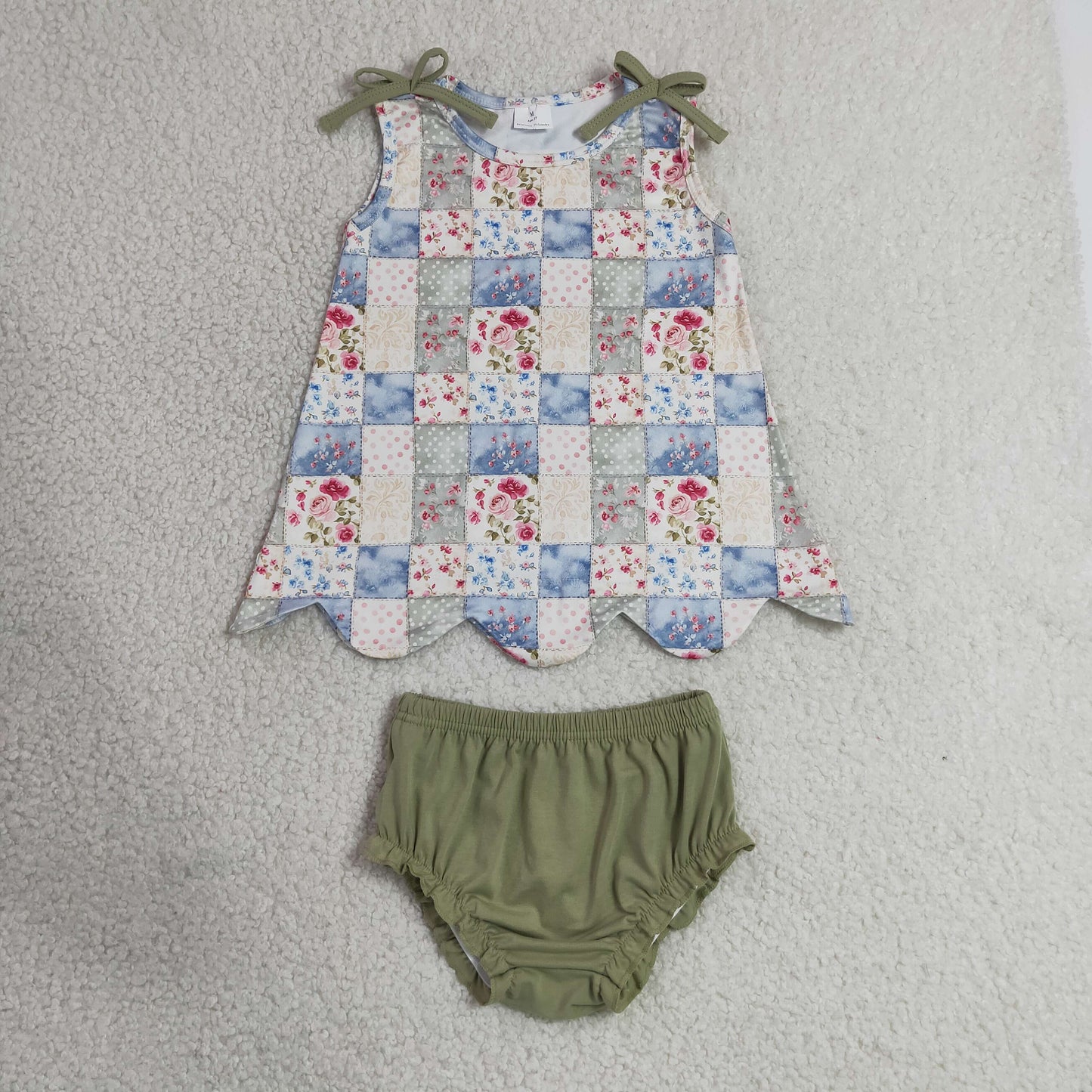 Baby Girls Kids Sleeveless Flower Plaid Scallop Tops Green Bummie Shorts Set RTS