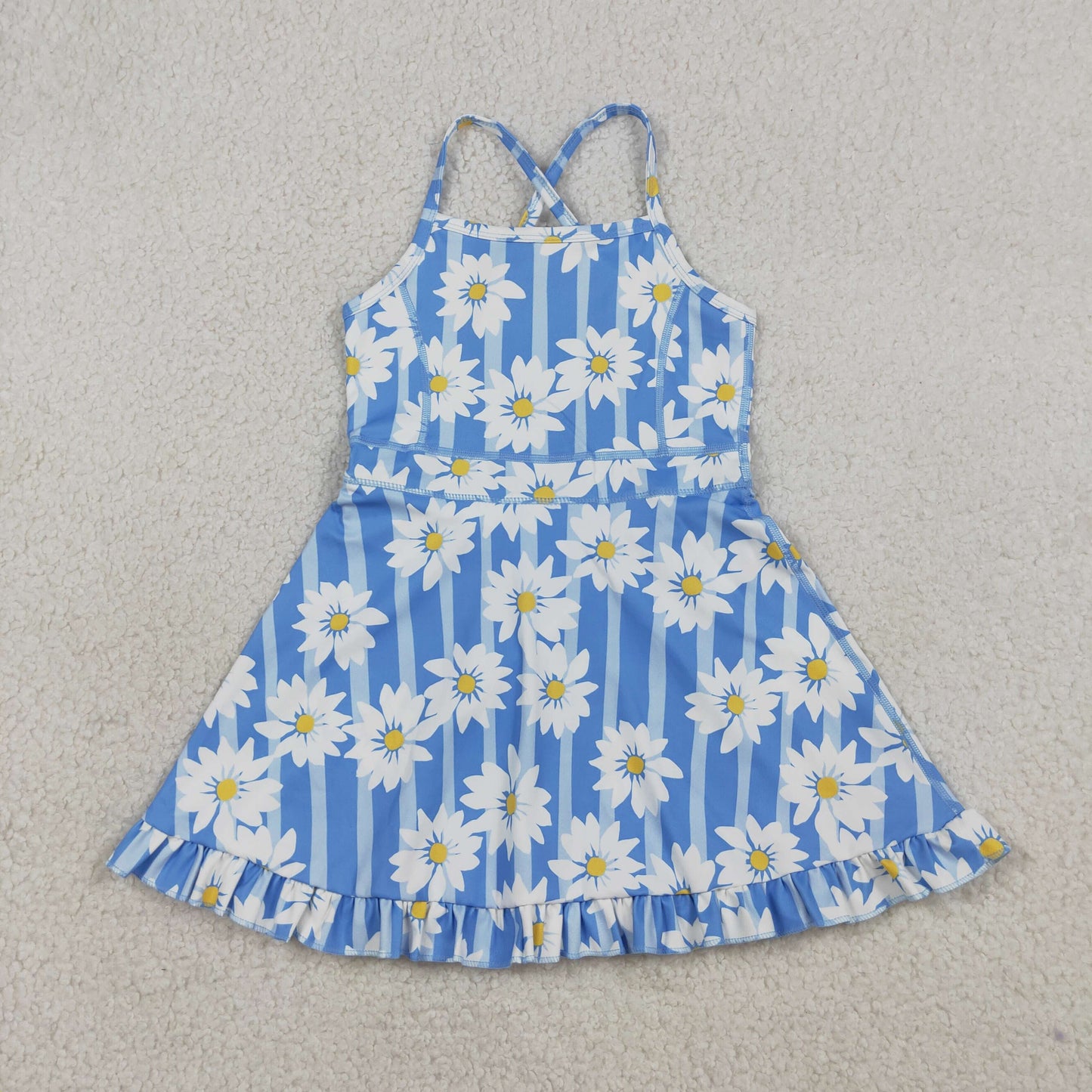 Baby Girls Kids Sleeveless Flower Blue Stripes Yoga Knee Length Yoga Dress RTS