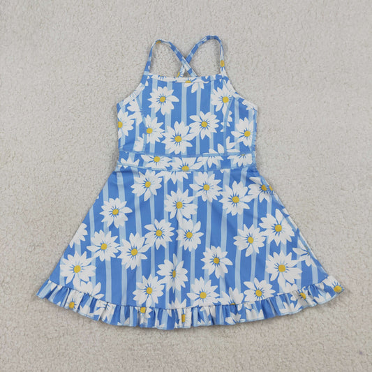 Baby Girls Kids Sleeveless Flower Blue Stripes Yoga Knee Length Yoga Dress RTS