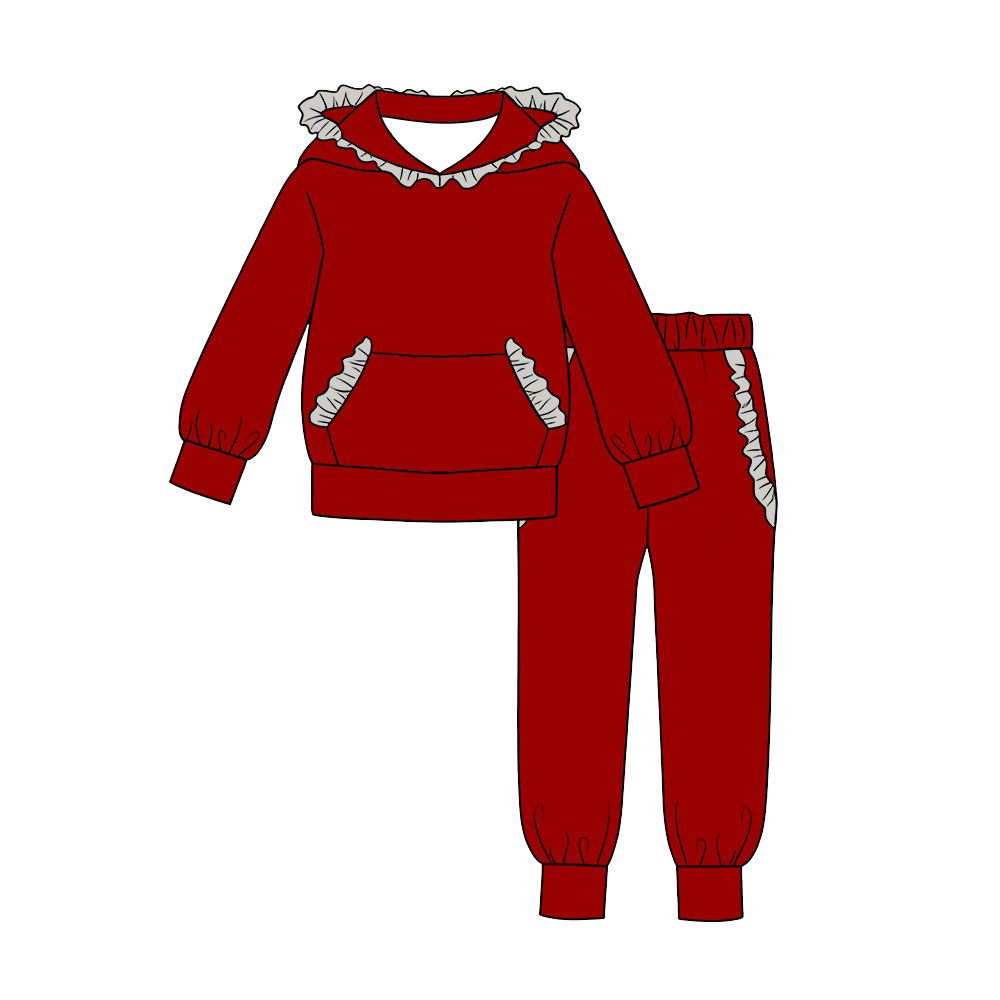 ( Moq 5 ) Preorder Baby Girls Kids Grey Ruffle Hoodie Pullover Pockets Pants Red Set Cotton Clothes