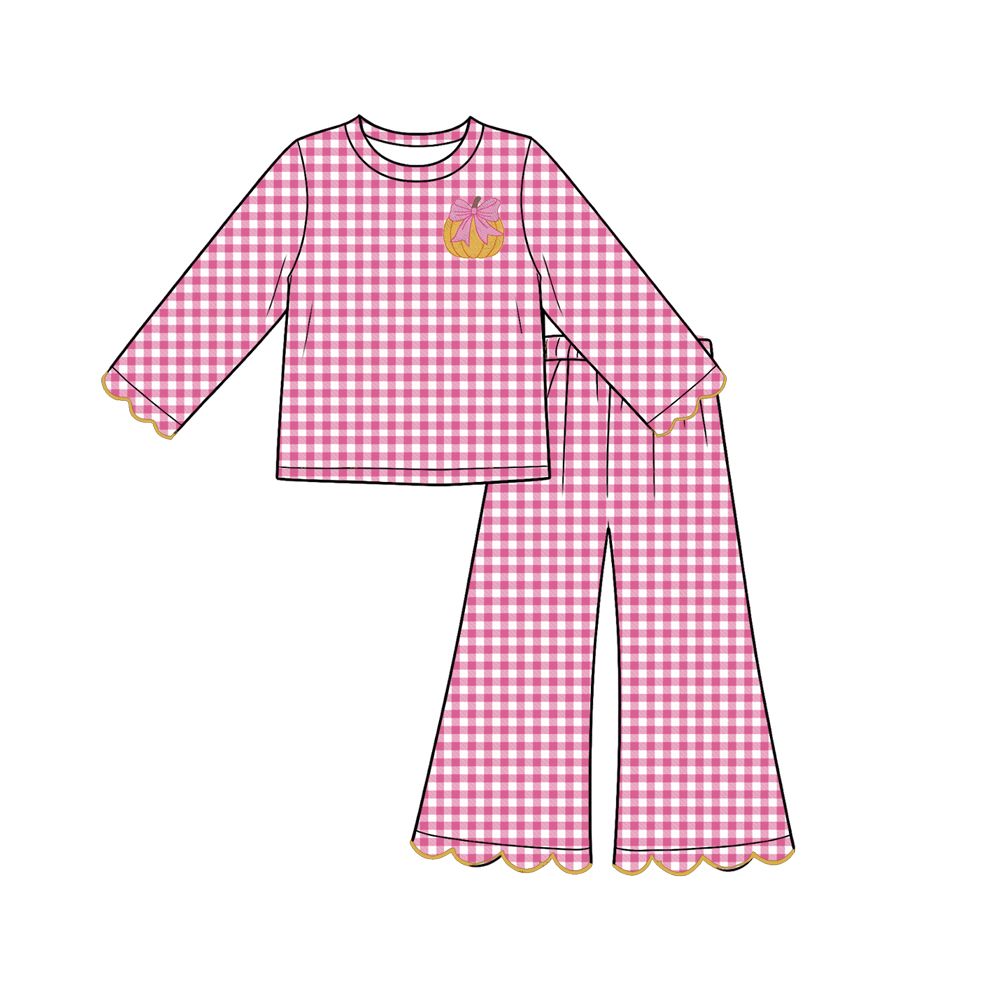 ( Moq 5 ) Preorder Baby Girls Kids Pumpkin Bows Scallop Tops Pink Plaid Pants Fall Set Clothes