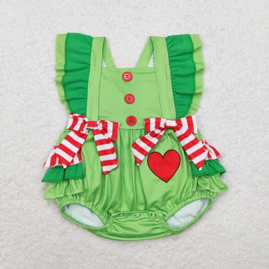 Baby Girl Infant Christmas Green Hearts Ruffle Bubble Romper