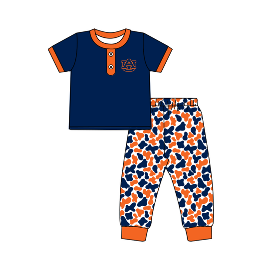 ( Moq 5 ) Baby Boys Orange Short Sleeves Blue Buttons Shirt Camo Pants Team Clothes Set