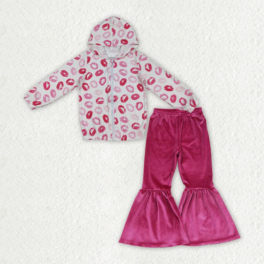 Baby Girl Kids Long Sleeves Zipper Hoodie Mouths Tops Velvet Pants Set Valentine Clothes RTS