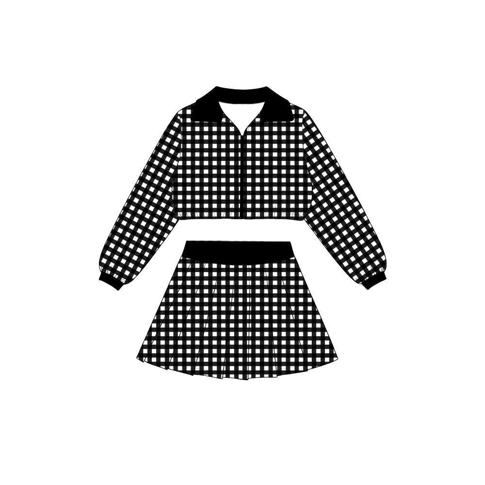 ( Moq 5 ) Preorder Baby Girls Kids Long Sleeves Black Plaid Zipper Tops Skirt Shorts Set Yoga Active Clothes