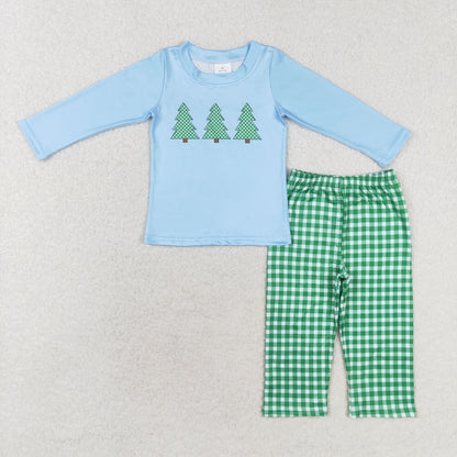 Baby Girl Christmas Trees Pink Tops Green Plaid Pants Set