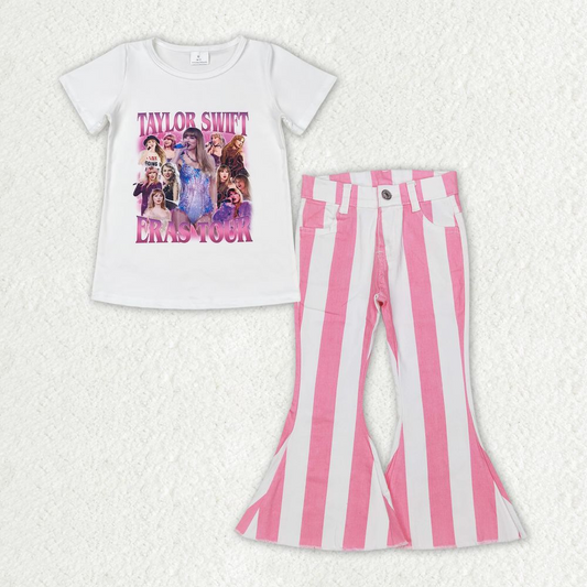 Baby Girls Concert Singer Shirt Pink Stripes Denim Jeans Pants Set