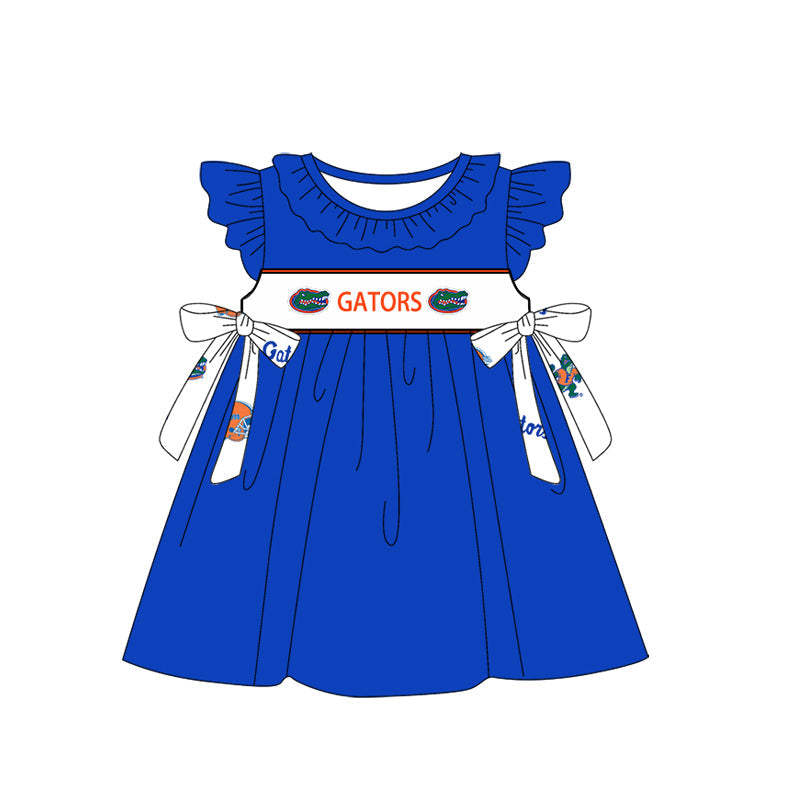 Baby Girl Short Sleeves Team Bows Knee Length Blue Dress (Moq 5 )