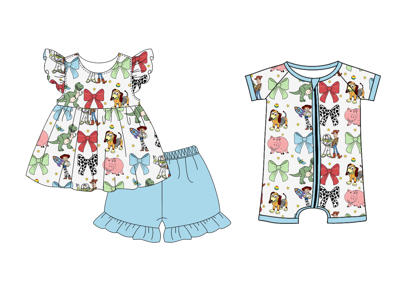 Baby Girl Short Sleeves Bows Cartoon Toys Sibling Romper Set ( Moq 5 Each Style ) 2.27