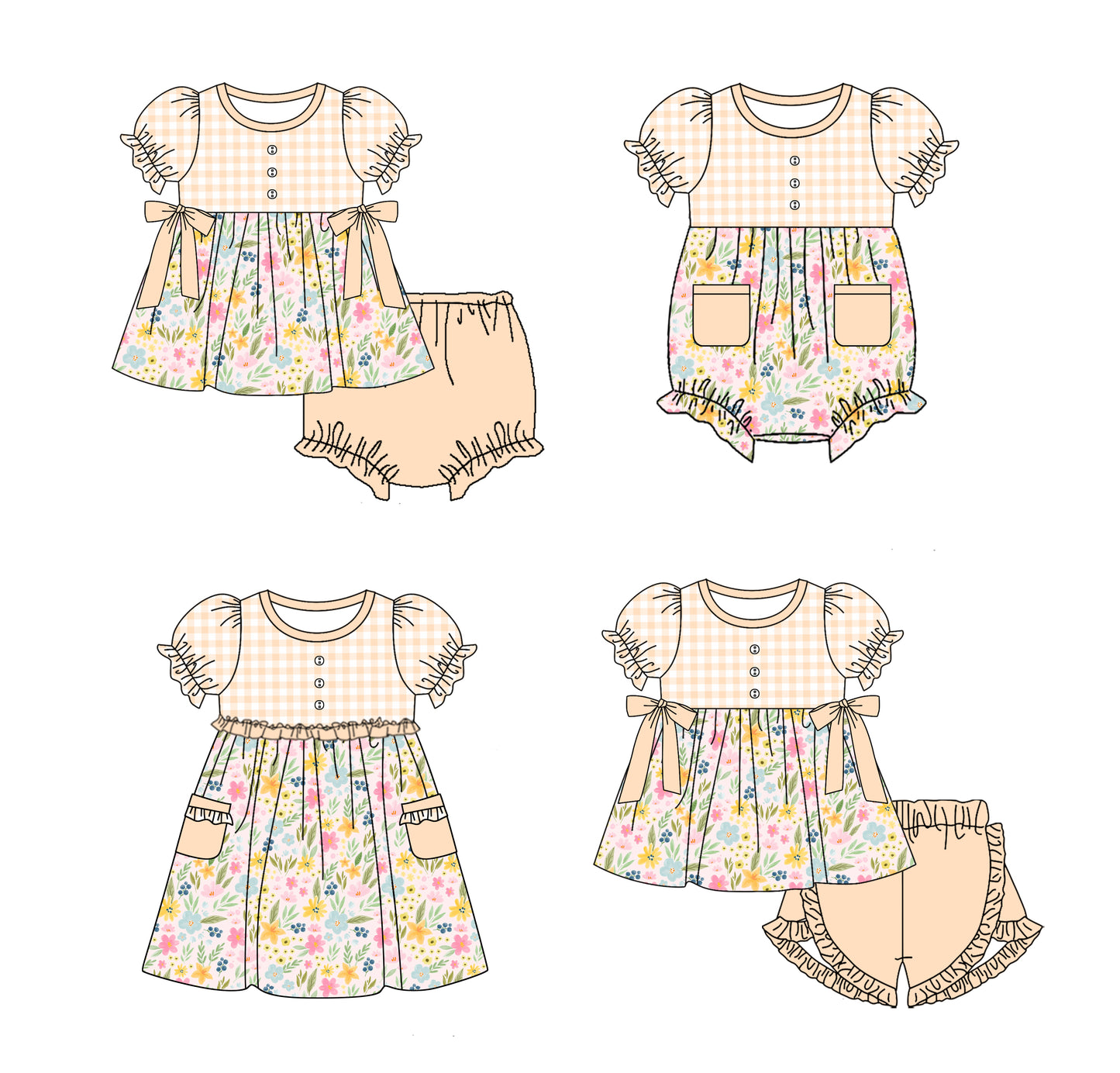 Baby Girl Short Sleeves Flower Plaid Sibling Romper Dress Clothes Set ( Moq 5 Each Design )11.21
