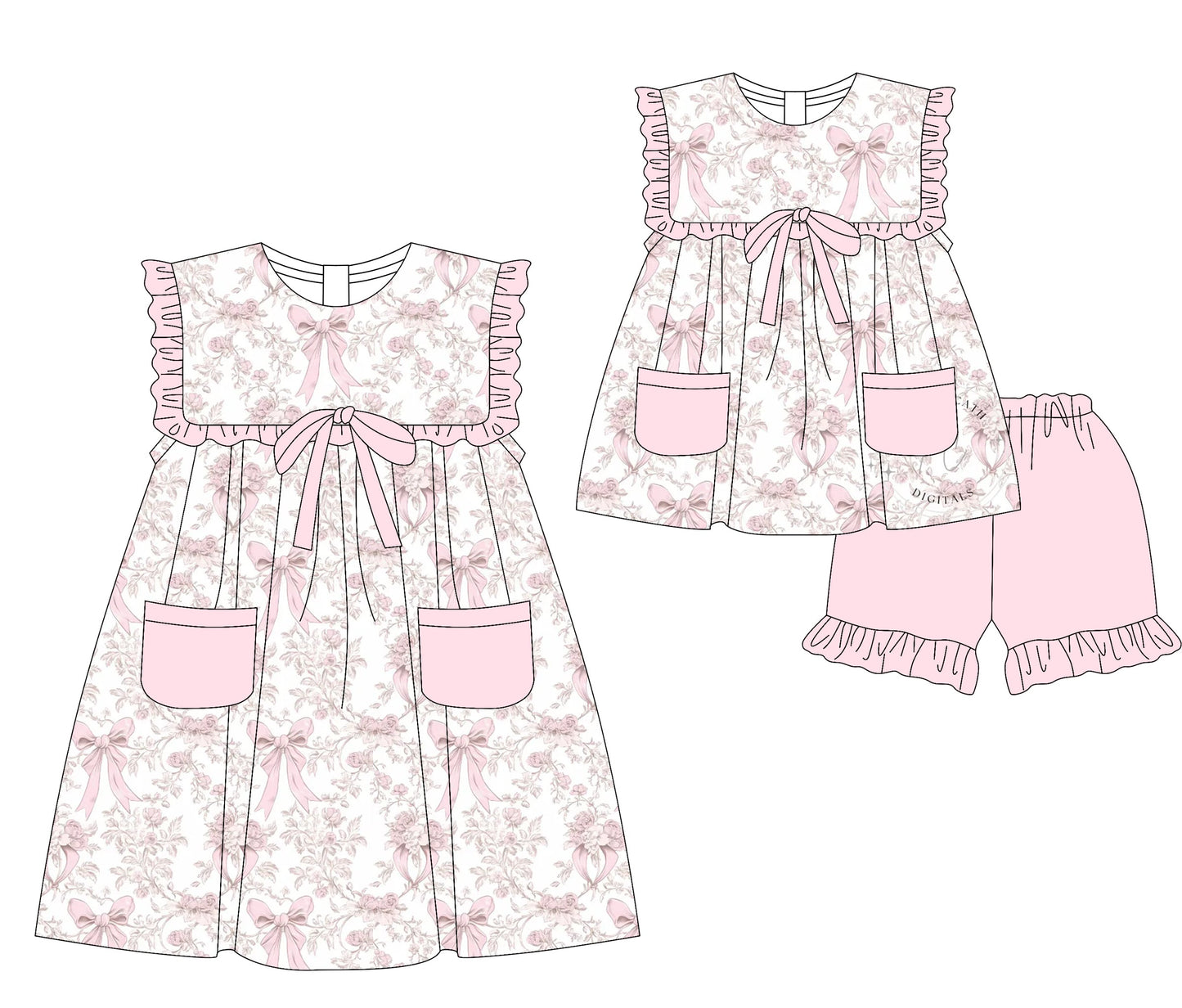 Baby Girl Pink Flower Bows Pockets Sibling Dress Set ( Moq 5 Each Style ) 3.5