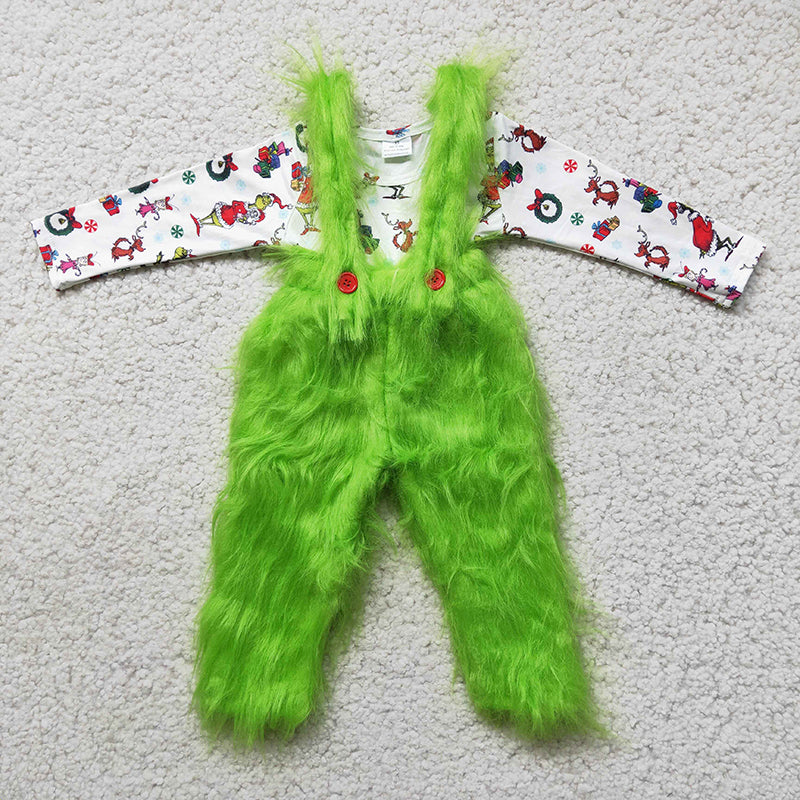 6 B0-4 Baby Boy Green Fur Christmas Overalls Outfit