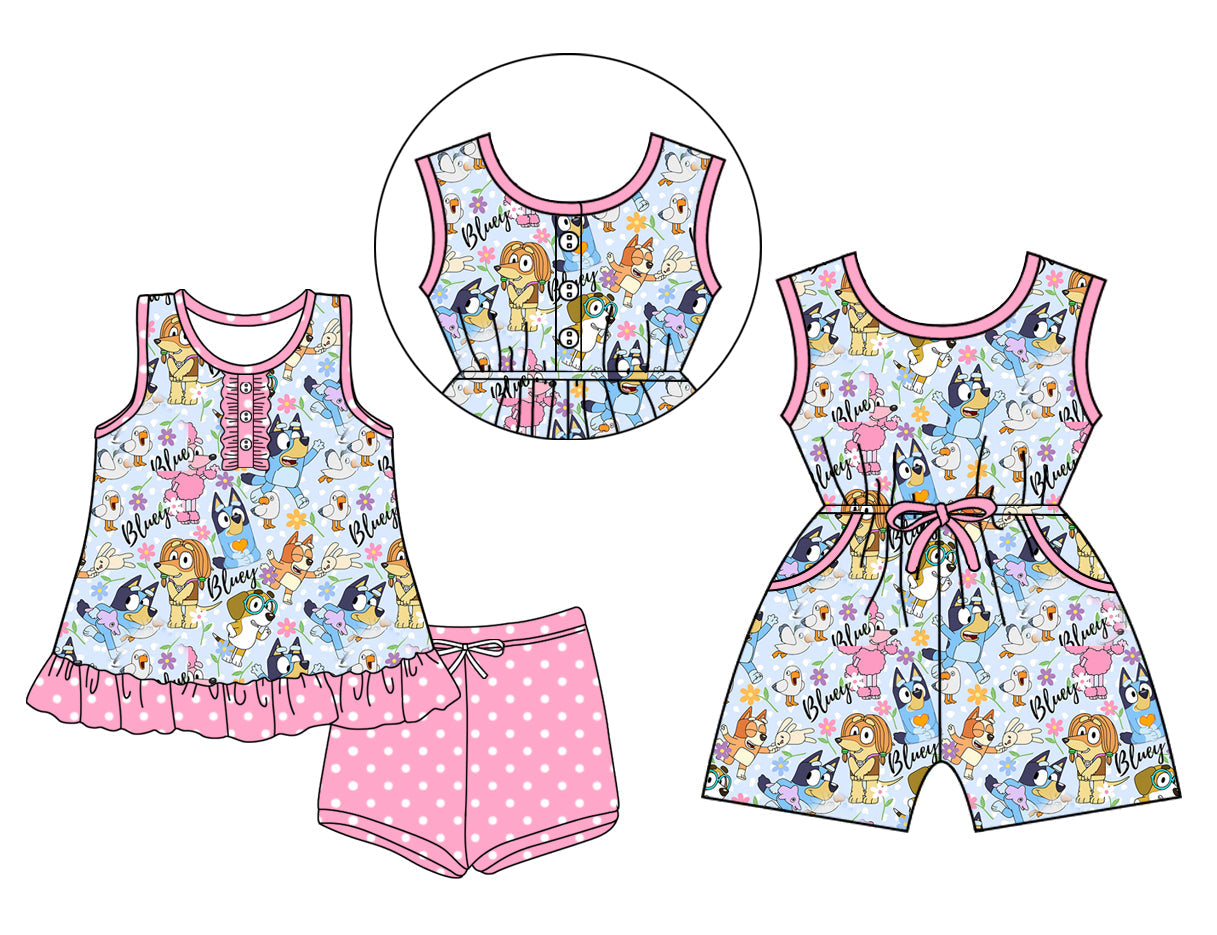 Baby Girl Sleeveless Dogs Flower Buttons Sibling Jumpsuit Set ( Moq 5 Each Style ) 3.15