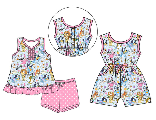 Baby Girl Sleeveless Dogs Flower Buttons Sibling Jumpsuit Set ( Moq 5 Each Style ) 3.15
