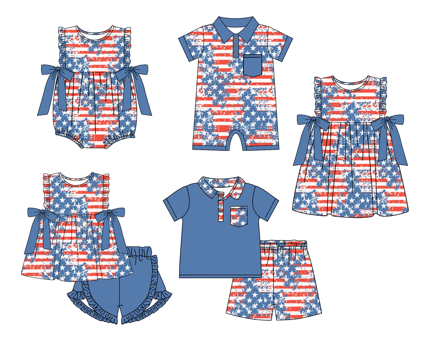 Baby Boy Girl Sibling July 4th Stars Stripes Dress Romper Clothes Set ( Moq 5 Each style )11.22