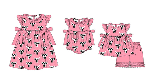 Baby Girl Western Cow Sibling Pink Romper Dress Clothes Set ( Moq 5 Each Design )11.19
