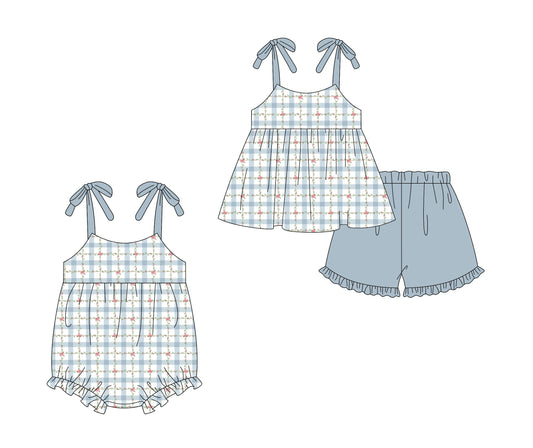 Baby Girl Straps Floral Blue Checked Sibling Romper Set ( Moq 5 Each Style ) 2.14