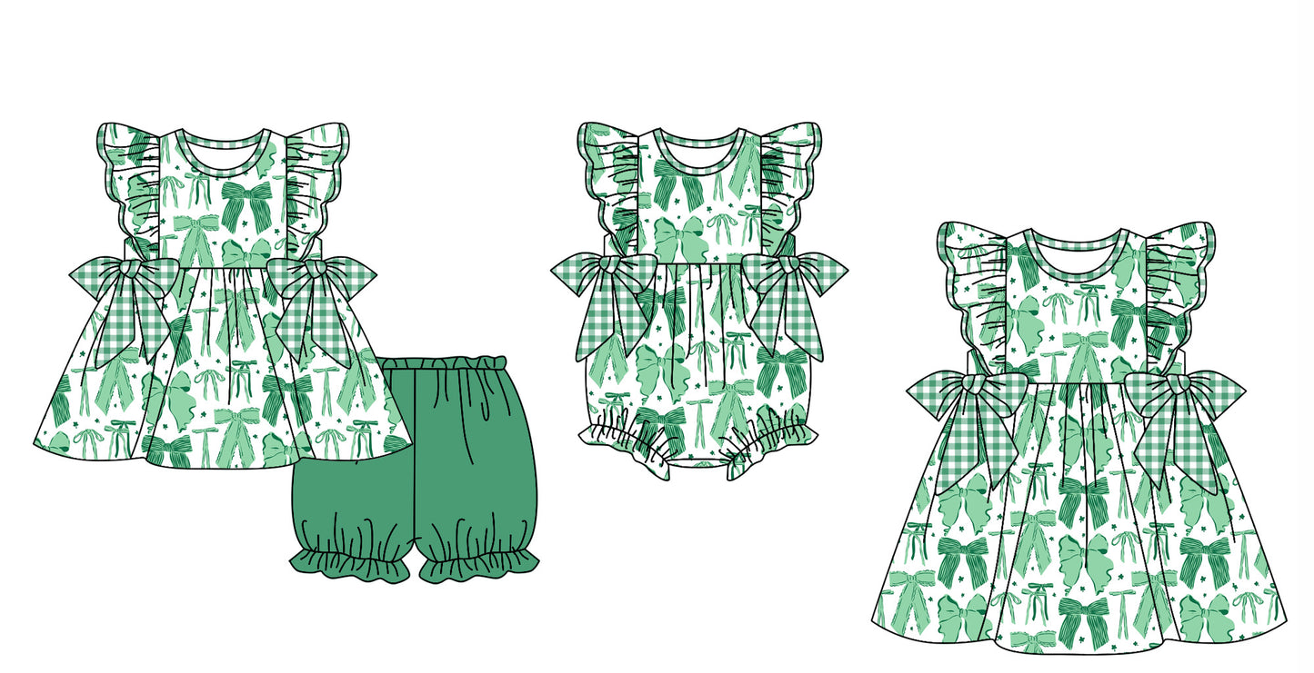 Baby Girl Short Sleeves Green Bows Sibling Romper Dress Clothes Set ( Moq 5 Each Design ) 11.27