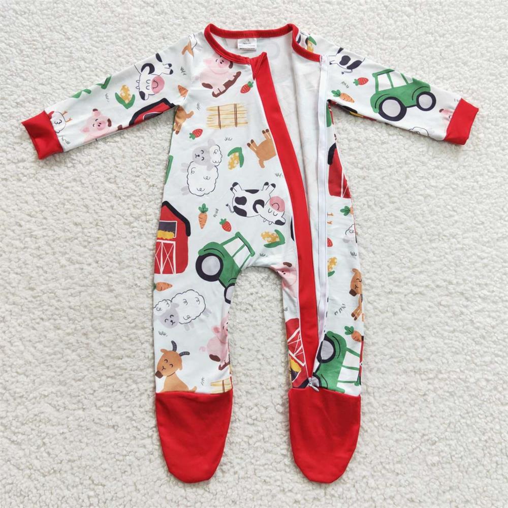 LR0379 Baby Boy Long Sleeves One Piece Farm Zip Footie Romper