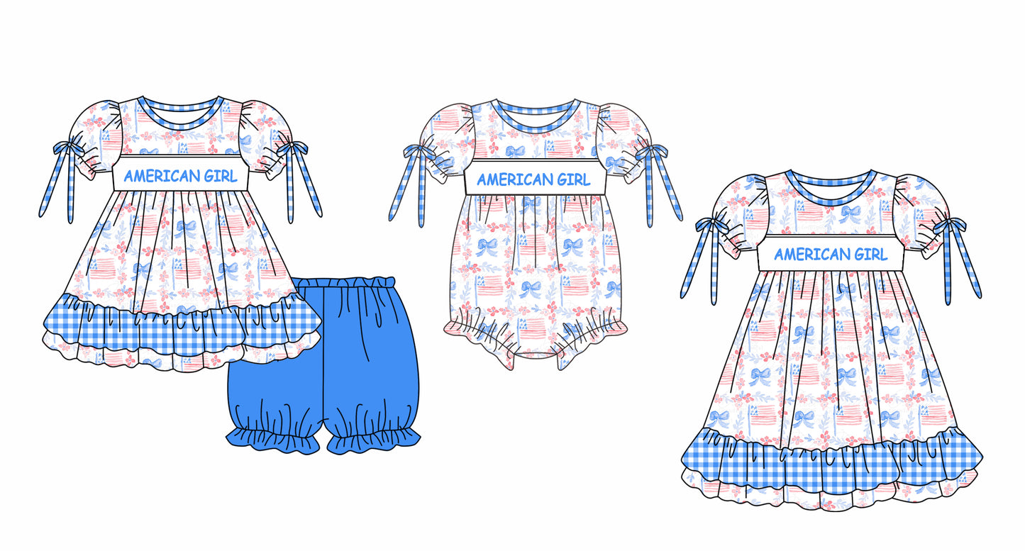 Baby Girl July 4th Flag Flower Sibling Romper Dress Clothes Set ( Moq 5 Each Design )11.25