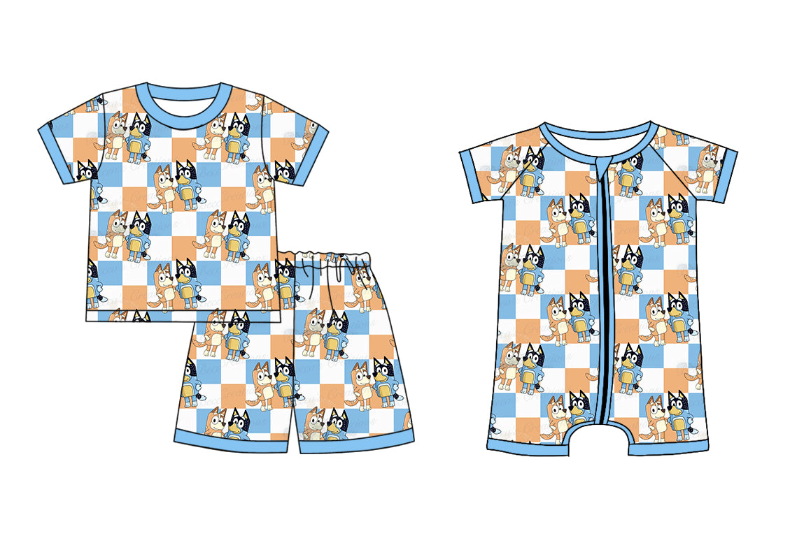 Children Boy Short Sleeves Dogs Checkered Sibling Romper Clothes Set ( Moq 5 Each Design ) 12.2
