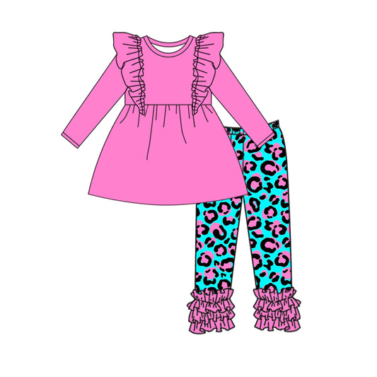 Baby Girl Long Sleeves Pink Cotton Ruffle Tunic Leopard Ruffle Pants Set