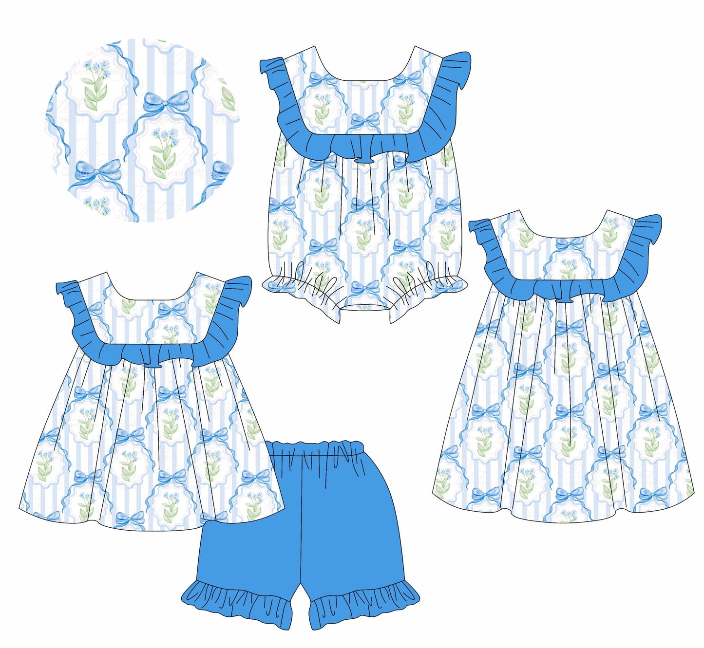 Baby Girl Flower Blue Bows Sibling Romper Dress Set ( Moq 5 Each Style ) 1.10