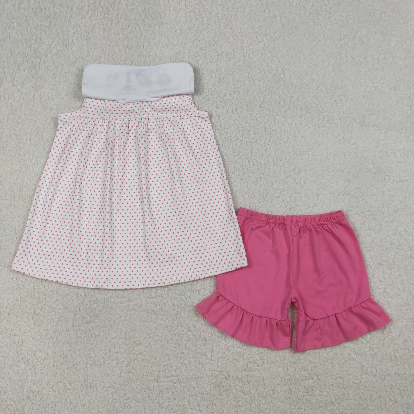 Baby Girls Kids Sleeveless Embroidery Cross Dots Tunic Pink Shorts Easter Set RTS