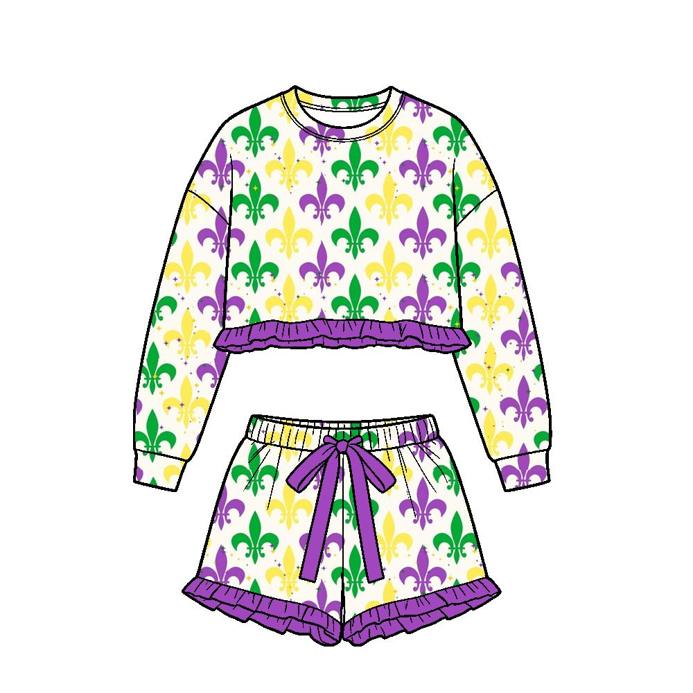 ( Moq 5 ) Preorder Baby Girls Kids Long Sleeves Flower Shirt Shorts Set Mardi Gras Clothes