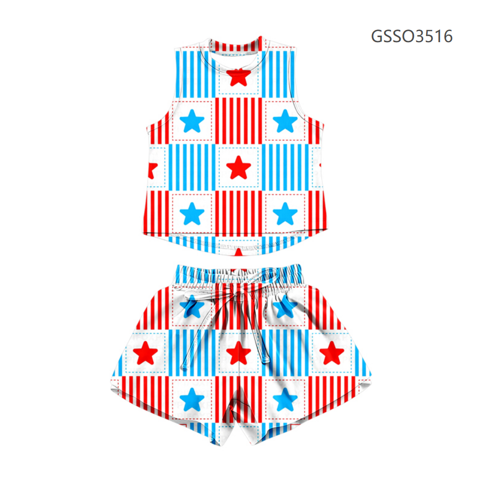( Moq 5 ) Preorder Baby Girls Kids Sleeveless Stars Stripes Tops Shorts Set 4th of July Clothes