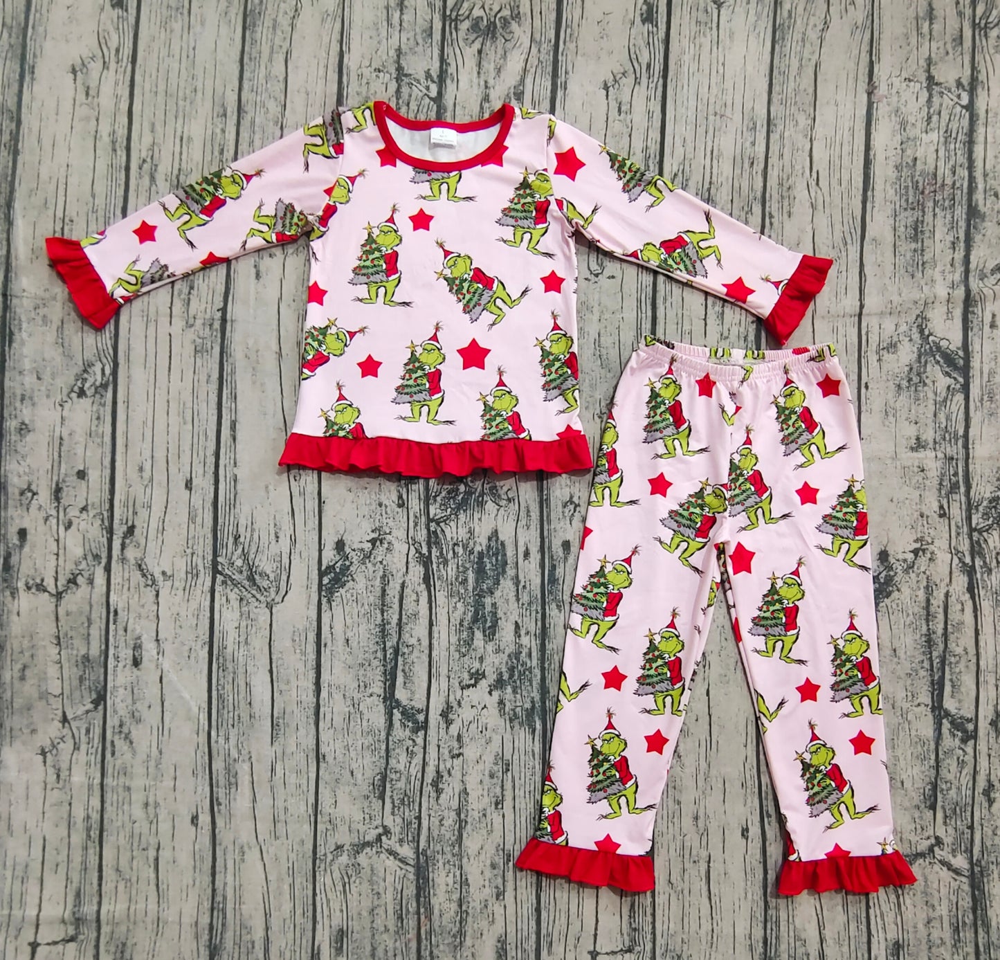 Baby Girl Long Sleeves Green Face Stars Shirt Pants Christmas Pajamas Set RTS