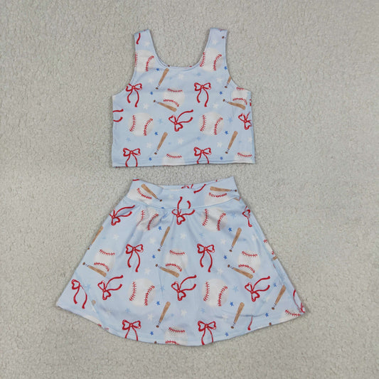 Baby Girls Kids Baseball Bows Tops Blue Skirt Shorts Yoga Summer Set RTS