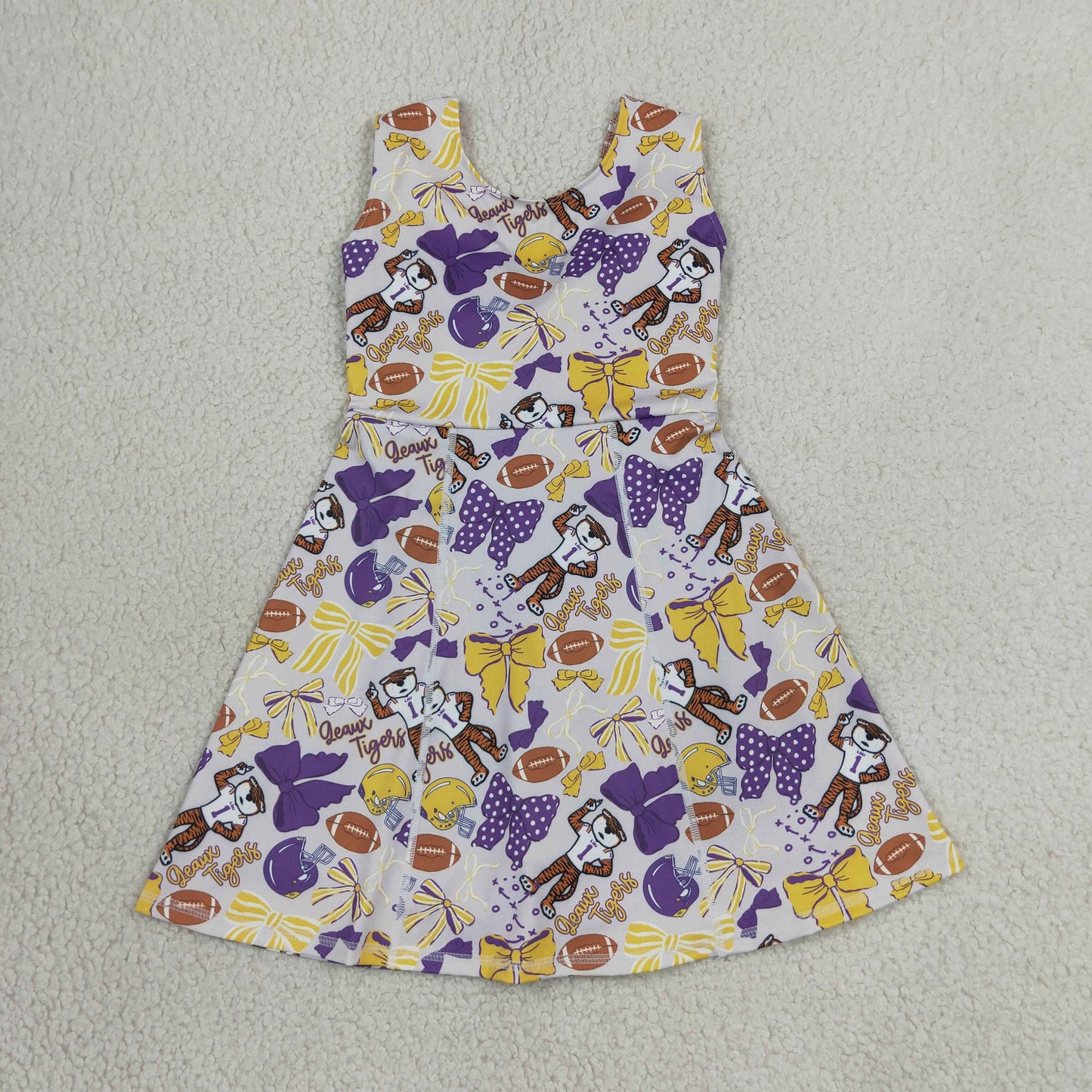Baby Girls Kids Sleeveless Tigers Bows Football Yoga Team Knee Length Dress RTS