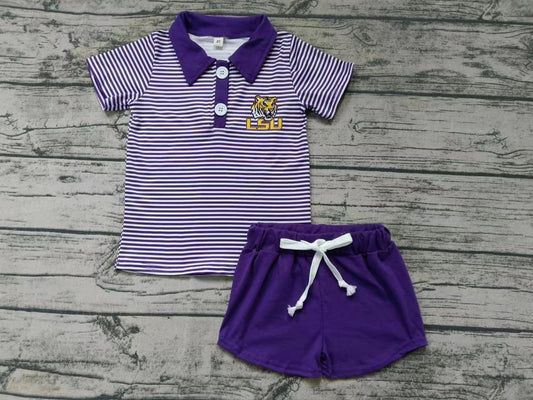 Moq 5 Baby Boy Short Sleeves Tiger Stripes Polo Shirt Purple Shorts Team Set