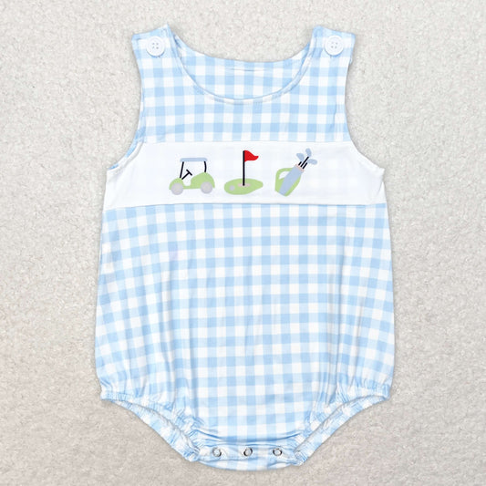 Baby Boy Infant Golf Blue Checkered Sleeveless Bubble Romper