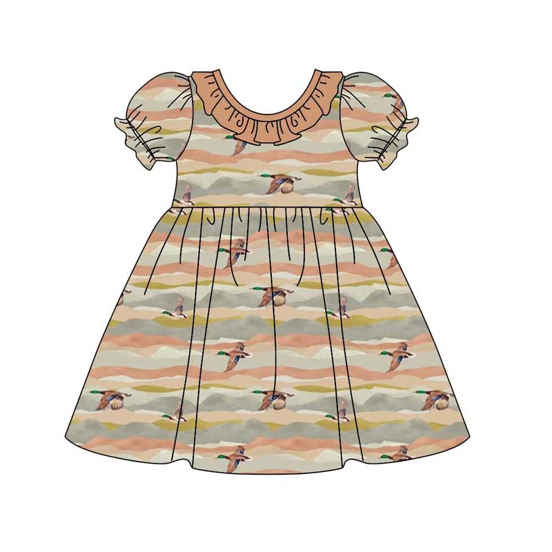 Baby Girl Short Sleeves Ducks Knee Length Ruffle Dress Moq 5