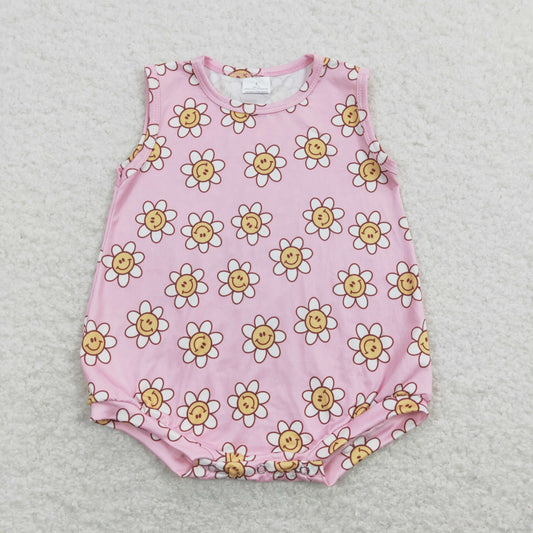 SR0574 Baby Girl Sleeveless Smile Floral Pink Summer One Piece Romper