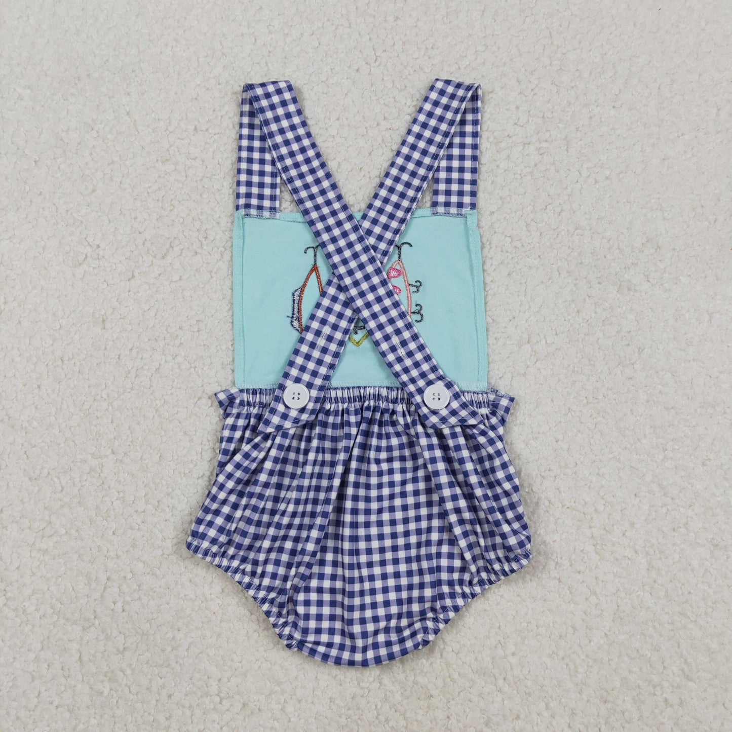 Baby Boys Infant Straps Embroidery Fishing Blue Plaid Bubble Romper RTS