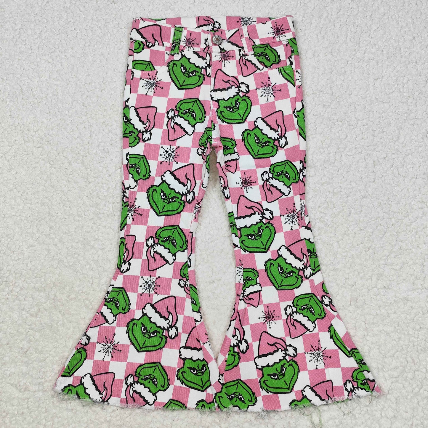 Baby Girl Christmas Face Pink Checkered Denim Bell Pants