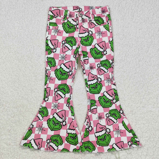 Baby Girl Christmas Face Pink Checkered Denim Bell Pants