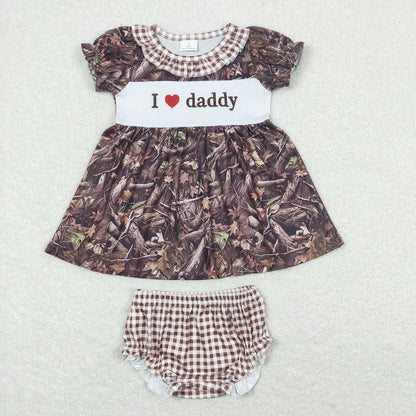 Baby Girl Summer Embroidery I Love Daddy Flower Camo Tunic Bummie Sibling Set RTS