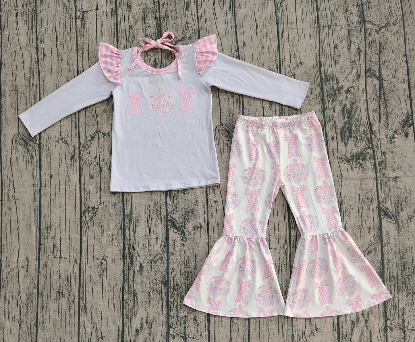 ( No moq ) Preorder Baby Girl Long Sleeves Flower Pumpkins Bows Shirt Bell Pants Set